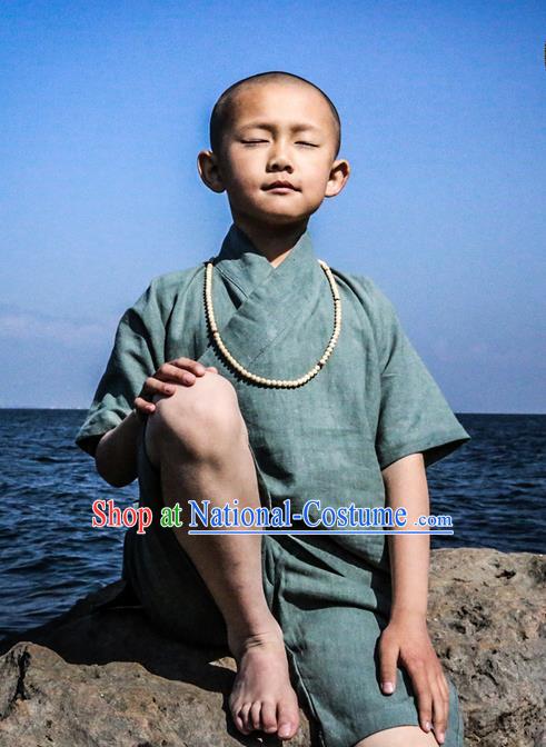 Traditional Chinese Linen Tang Suit Children Little Monk Costumes, Hanfu Suits, Chinese Ancient Slant Opening Little Monk Shirt and Pants Costume for Kids