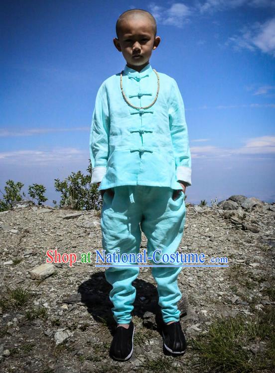 Traditional Chinese Linen Tang Suit Children Costumes, Hanfu Boys Suits, Chinese Ancient Front Opening Brass Buttons Long Sleeved Shirt and Pants Costume for Kids