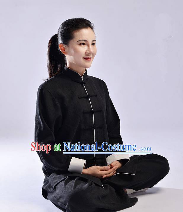 Traditional Chinese Top Thicken Linen Kung Fu Costume Martial Arts Kung Fu Training Uniform Tang Suit Gongfu Shaolin Wushu Clothing Tai Chi Taiji Teacher Suits Uniforms for Women