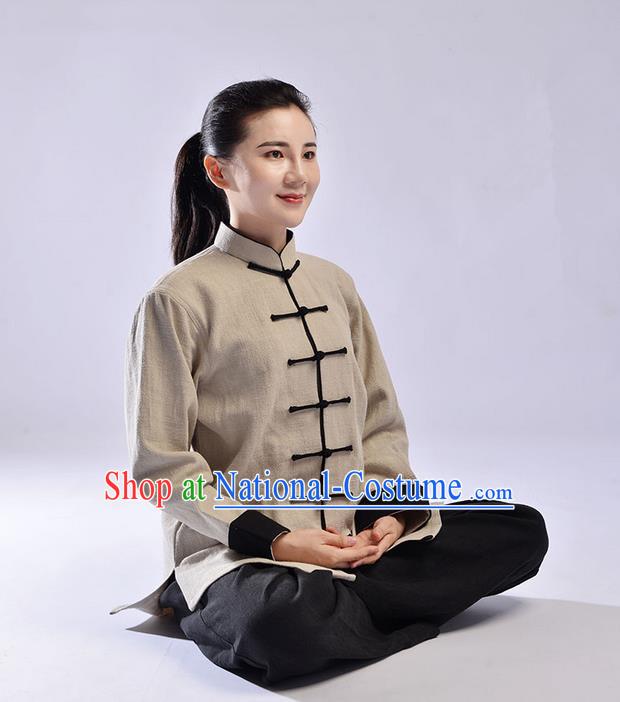 Traditional Chinese Top Thicken Linen Kung Fu Costume Martial Arts Kung Fu Training Uniform Tang Suit Gongfu Shaolin Wushu Clothing Tai Chi Taiji Teacher Suits Uniforms for Women