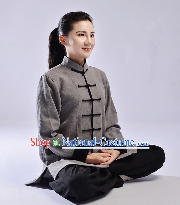 Traditional Chinese Top Thicken Linen Kung Fu Costume Martial Arts Kung Fu Training Uniform Tang Suit Gongfu Shaolin Wushu Clothing Tai Chi Taiji Teacher Suits Uniforms for Women