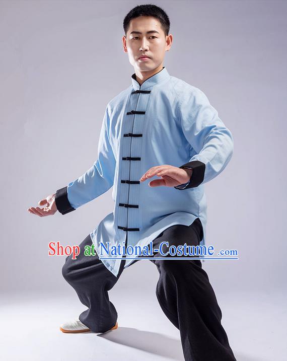 Traditional Chinese Top Cross Elastic Linen Kung Fu Costume Martial Arts Kung Fu Training Uniform Gongfu Shaolin Wushu Clothing Tai Chi Taiji Teacher Suits Uniforms for Men