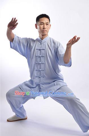 Traditional Chinese Top Linen Short Sleeve Kung Fu Costume Martial Arts Kung Fu Training Uniform Tang Suit Gongfu Shaolin Wushu Clothing Tai Chi Taiji Teacher Suits Uniforms for Men