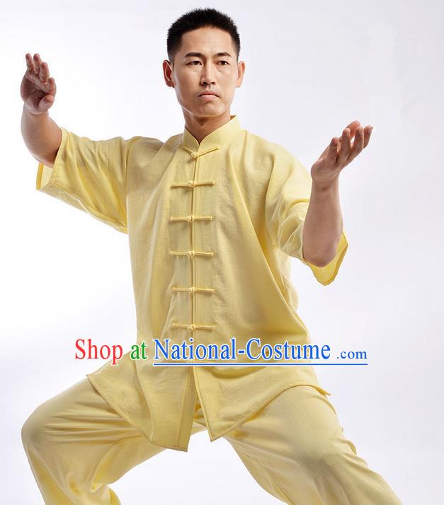 Traditional Chinese Top Linen Short Sleeve Kung Fu Costume Martial Arts Kung Fu Training Uniform Tang Suit Gongfu Shaolin Wushu Clothing Tai Chi Taiji Teacher Suits Uniforms for Men