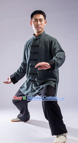 Traditional Chinese Top Thicken Linen Kung Fu Costume Martial Arts Kung Fu Training Uniform Tang Suit Gongfu Shaolin Wushu Clothing Tai Chi Taiji Teacher Suits Uniforms for Men