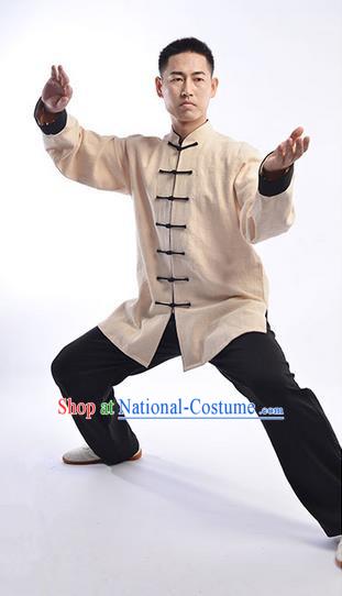 Traditional Chinese Top Thicken Linen Kung Fu Costume Martial Arts Kung Fu Training Uniform Tang Suit Gongfu Shaolin Wushu Clothing Tai Chi Taiji Teacher Suits Uniforms for Men