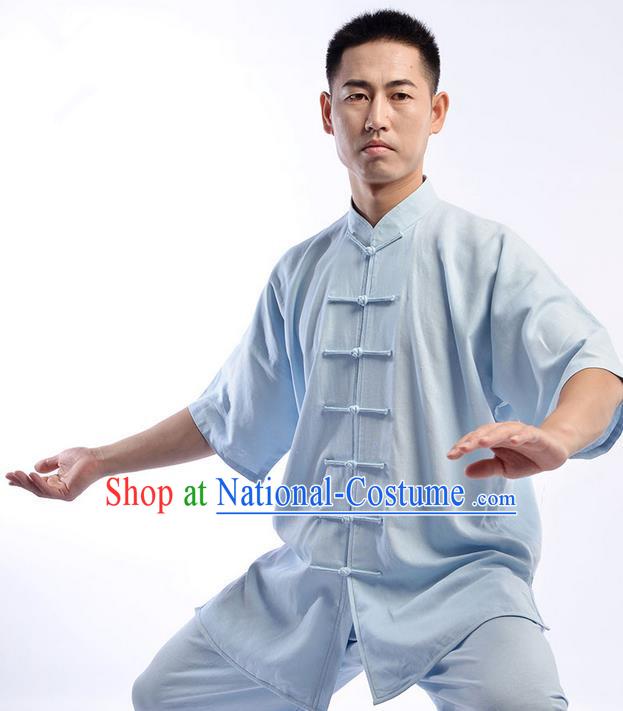 Traditional Chinese Top Linen Short Sleeve Kung Fu Costume Martial Arts Kung Fu Training Uniform Gongfu Shaolin Wushu Clothing Tai Chi Taiji Teacher Suits Uniforms for Men