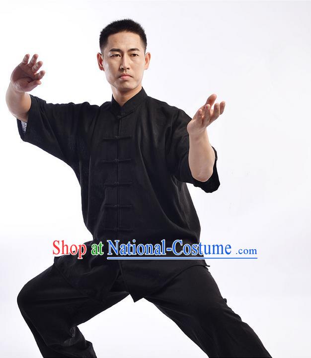 Traditional Chinese Top Linen Short Sleeve Kung Fu Costume Martial Arts Kung Fu Training Uniform Gongfu Shaolin Wushu Clothing Tai Chi Taiji Teacher Suits Uniforms for Men