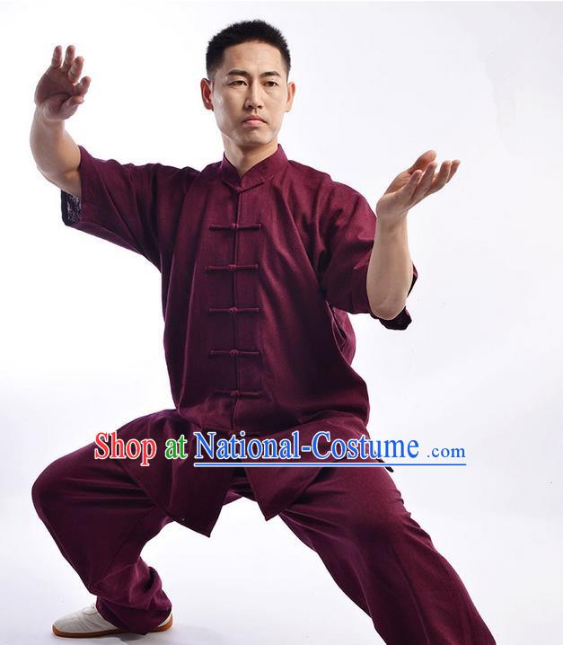 Traditional Chinese Top Linen Short Sleeve Kung Fu Costume Martial Arts Kung Fu Training Uniform Gongfu Shaolin Wushu Clothing Tai Chi Taiji Teacher Suits Uniforms for Men