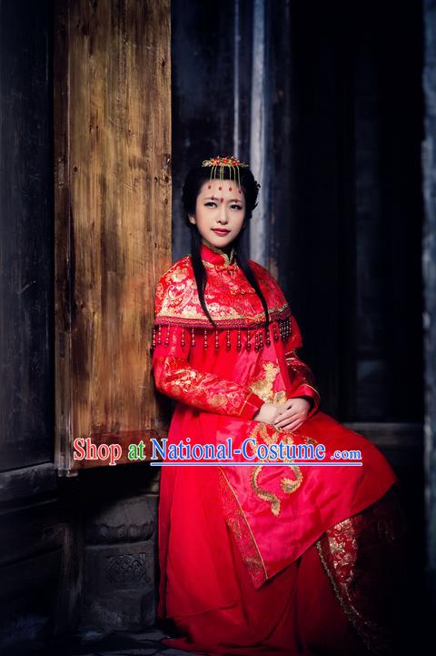 Traditional Chinese Costume Chinese Ancient Wedding Dress, Han Dynasty Bride Dragon and Phoenix Costume Complete Set for Women