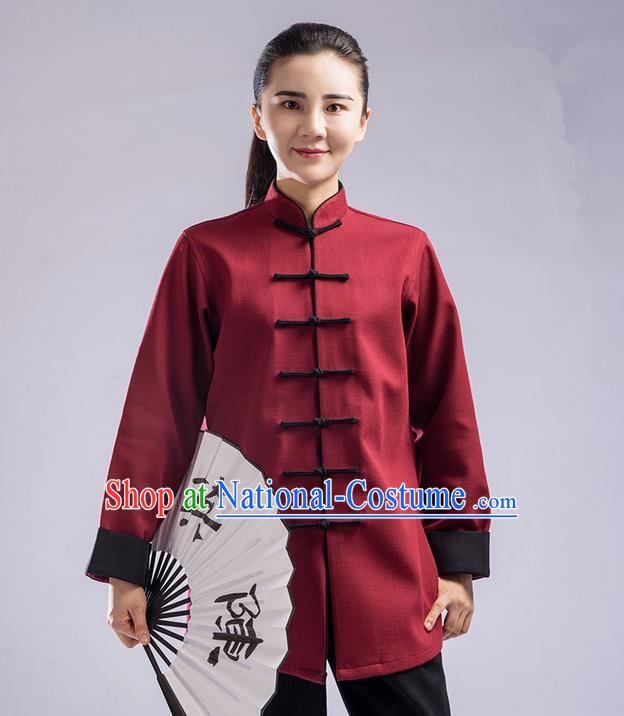 Traditional Chinese Thickening Cotton Linen Kung Fu Costume with Velvet Martial Arts Kung Fu Training Uniform Tang Suit Gongfu Shaolin Wushu Clothing Tai Chi Taiji Teacher Suits Uniforms for Women