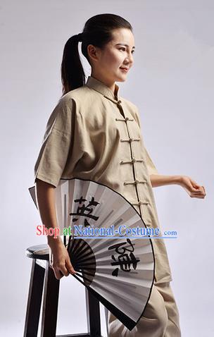 Traditional Chinese Linen Kung Fu Short Sleeve Costume Martial Arts Kung Fu Training Uniform Tang Suit Gongfu Shaolin Wushu Clothing Tai Chi Taiji Teacher Suits Uniforms for Women