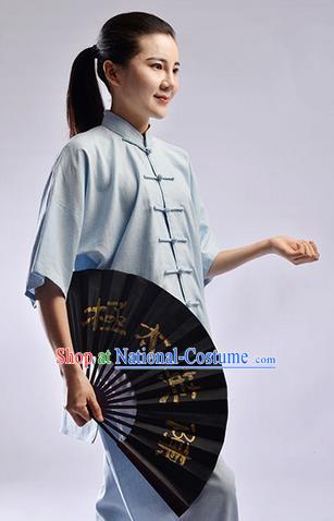 Traditional Chinese Linen Kung Fu Short Sleeve Costume Martial Arts Kung Fu Training Uniform Tang Suit Gongfu Shaolin Wushu Clothing Tai Chi Taiji Teacher Suits Uniforms for Women