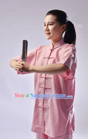 Traditional Chinese Linen Kung Fu Short Sleeve Costume Martial Arts Kung Fu Training Uniform Tang Suit Gongfu Shaolin Wushu Clothing Tai Chi Taiji Teacher Suits Uniforms for Women