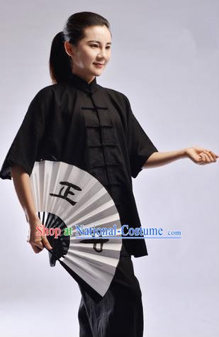 Traditional Chinese Linen Kung Fu Short Sleeve Costume Martial Arts Kung Fu Training Uniform Tang Suit Gongfu Shaolin Wushu Clothing Tai Chi Taiji Teacher Suits Uniforms for Women