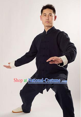 Traditional Chinese Thicken Linen Kung Fu Costume Martial Arts Kung Fu Training Uniform Tang Suit Gongfu Shaolin Wushu Clothing Tai Chi Taiji Teacher Suits Uniforms for Men