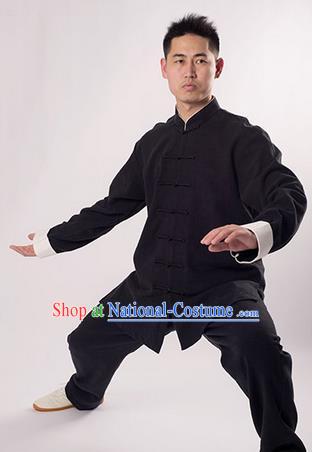 Traditional Chinese Thicken Linen Kung Fu Costume Martial Arts Kung Fu Training Uniform Tang Suit Gongfu Shaolin Wushu Clothing Tai Chi Taiji Teacher Suits Uniforms for Men