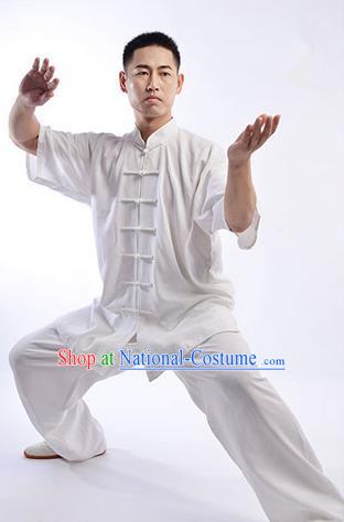 Traditional Chinese Linen Kung Fu Short Sleeve Costume Martial Arts Kung Fu Training Uniform Tang Suit Gongfu Shaolin Wushu Clothing Tai Chi Taiji Teacher Suits Uniforms for Men