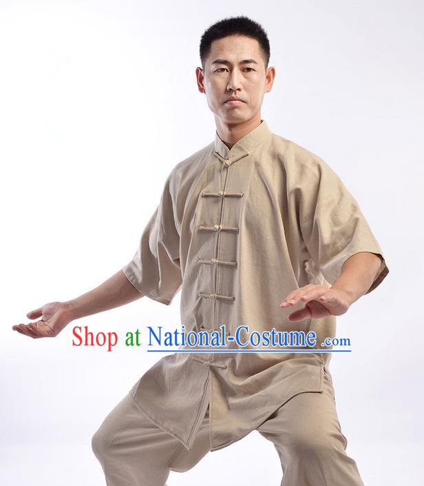 Traditional Chinese Linen Kung Fu Short Sleeve Costume Martial Arts Kung Fu Training Uniform Tang Suit Gongfu Shaolin Wushu Clothing Tai Chi Taiji Teacher Suits Uniforms for Men