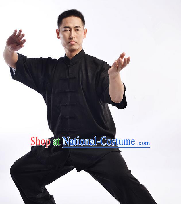 Traditional Chinese Linen Kung Fu Short Sleeve Costume Martial Arts Kung Fu Training Uniform Tang Suit Gongfu Shaolin Wushu Clothing Tai Chi Taiji Teacher Suits Uniforms for Men