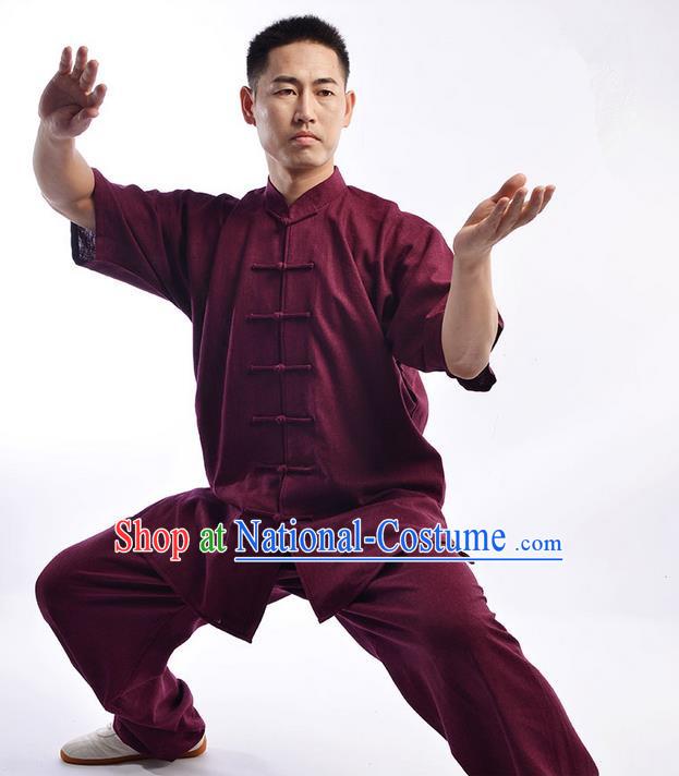 Traditional Chinese Linen Kung Fu Short Sleeve Costume Martial Arts Kung Fu Training Uniform Tang Suit Gongfu Shaolin Wushu Clothing Tai Chi Taiji Teacher Suits Uniforms for Men