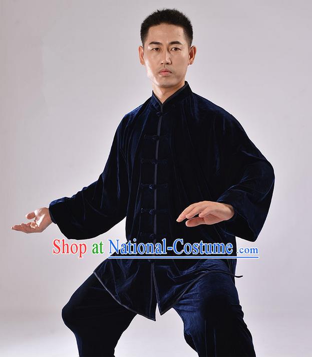 Traditional Chinese Thicken Pleuche Kung Fu Costume Martial Arts Kung Fu Training Uniform Tang Suit Gongfu Shaolin Wushu Clothing Tai Chi Taiji Teacher Suits Uniforms for Men