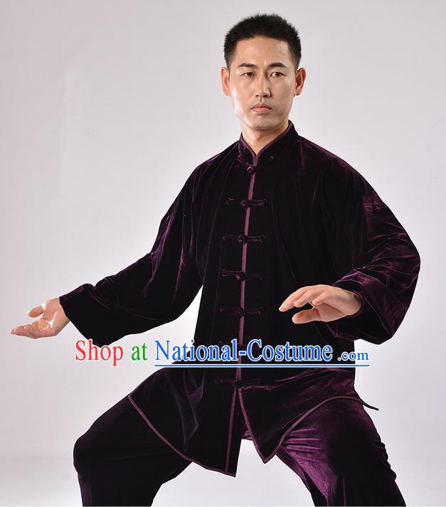 Traditional Chinese Thicken Pleuche Kung Fu Costume Martial Arts Kung Fu Training Uniform Tang Suit Gongfu Shaolin Wushu Clothing Tai Chi Taiji Teacher Suits Uniforms for Men