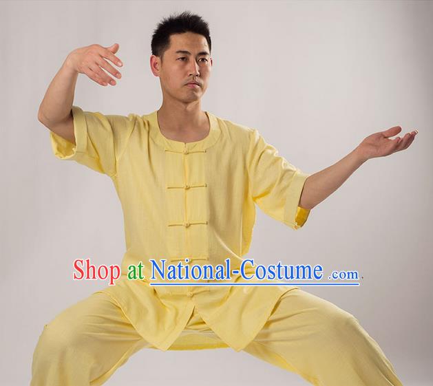 Traditional Chinese Fine Linen Short Sleeve Kung Fu Costume Martial Arts Kung Fu Training Uniform Tang Suit Gongfu Shaolin Wushu Clothing Tai Chi Taiji Teacher Suits Uniforms for Men