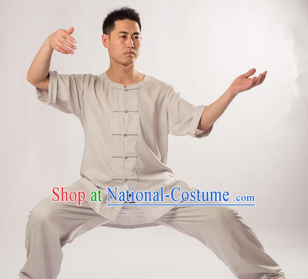 Traditional Chinese Fine Linen Short Sleeve Kung Fu Costume Martial Arts Kung Fu Training Uniform Tang Suit Gongfu Shaolin Wushu Clothing Tai Chi Taiji Teacher Suits Uniforms for Men