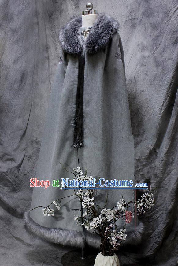 Chinese Ancient Cosplay Costumes Cloak, Chinese Traditional Embroidered Royal Prince Fur Collar Cloak, Ancient Chinese Cosplay Swordsman Knight Cloak for Men