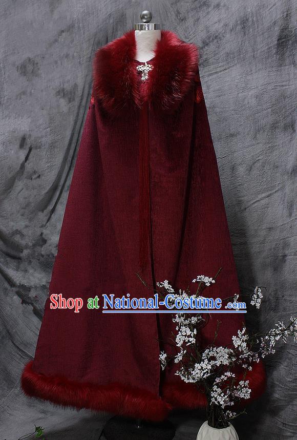 Chinese Ancient Cosplay Costumes Cloak, Chinese Traditional Embroidered Royal Prince Fur Collar Cloak, Ancient Chinese Cosplay Swordsman Knight Cloak for Men