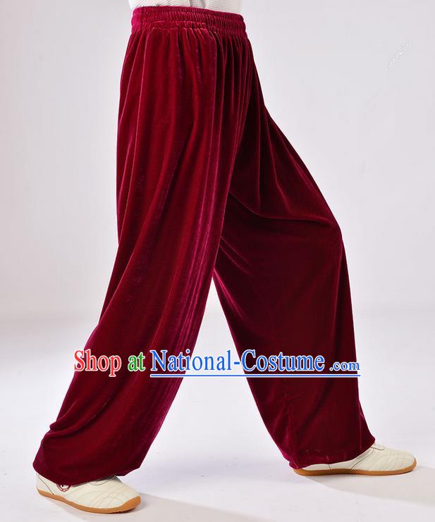 Traditional Chinese Thicken Pleuche Kung Fu Trousers, Martial Arts Kung Fu Training Trousers Tang Suit Gongfu Shaolin Wushu Clothing Tai Chi Taiji Teacher Pants for Women