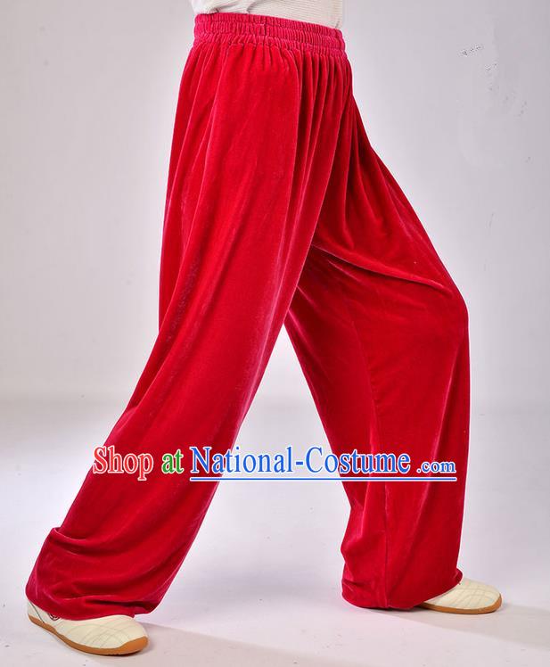 Traditional Chinese Thicken Pleuche Kung Fu Trousers, Martial Arts Kung Fu Training Trousers Tang Suit Gongfu Shaolin Wushu Clothing Tai Chi Taiji Teacher Pants for Women