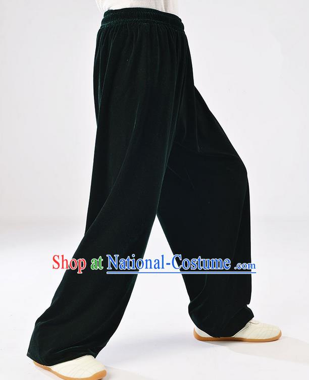 Traditional Chinese Thicken Pleuche Kung Fu Trousers, Martial Arts Kung Fu Training Trousers Tang Suit Gongfu Shaolin Wushu Clothing Tai Chi Taiji Teacher Pants for Men