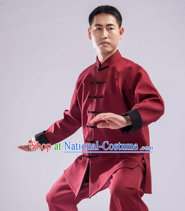 Traditional Chinese Double Flocking Linen Kung Fu Costume Martial Arts Kung Fu Training Uniform Tang Suit Gongfu Shaolin Wushu Clothing Tai Chi Taiji Teacher Suits Uniforms for Men