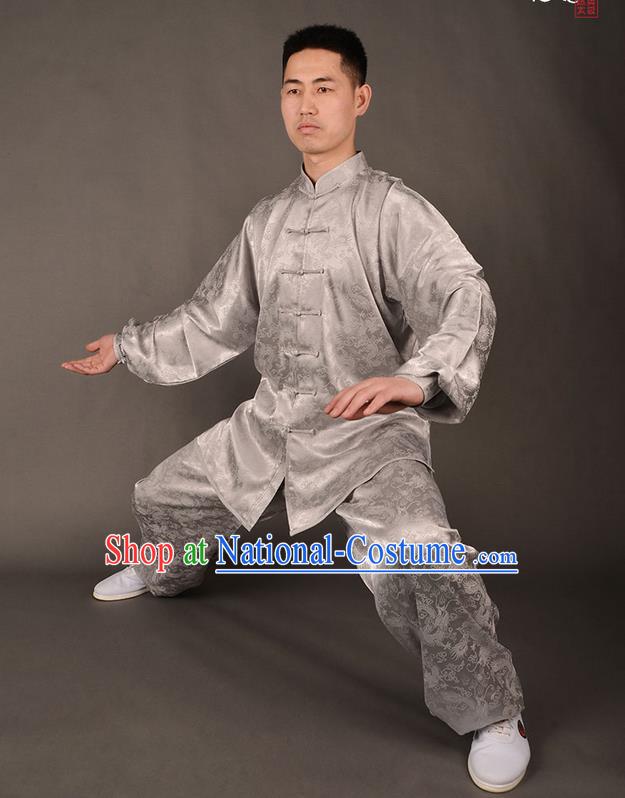 Traditional Chinese High-Grade Dragon South Korea Silk Kung Fu Costume Martial Arts Kung Fu Training Uniform Tang Suit Gongfu Shaolin Wushu Clothing Tai Chi Taiji Teacher Suits Uniforms for Men