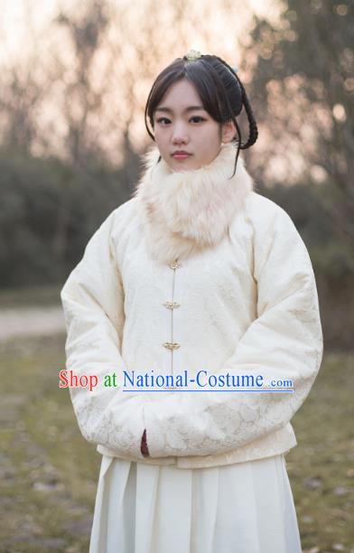 Traditional Chinese Ming Dynasty Young Lady Embroidered Costume White Cotton-Padded Jacket, Asian China Ancient Hanfu Blouse for Women