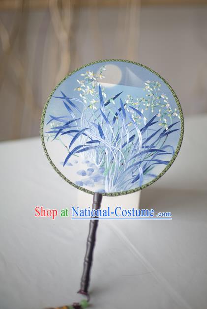 Traditional Chinese Palace Lady Accessories Hanfu Embroidered Orchid Fans, Asian China Ancient Round Fan for Women