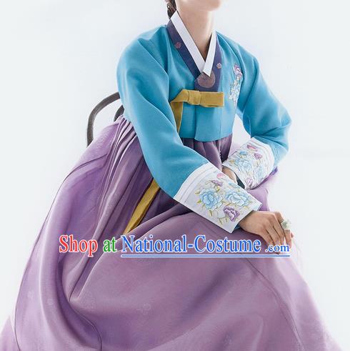 Traditional Korean Costumes Bride Wedding Blue Blouse and Purple Silk Dress, Korea Hanbok Princess Court Embroidered Clothing for Women