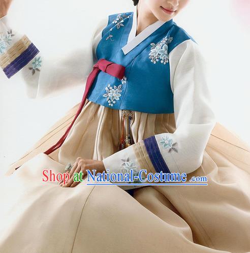 Traditional Korean Costumes Bride Wedding Deep Blue Blouse and Yellow Silk Dress, Korea Hanbok Princess Court Embroidered Clothing for Women