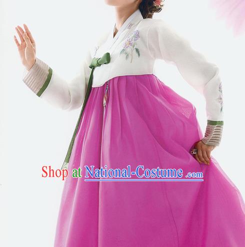 Traditional Korean Costumes Bride Wedding White Blouse and Pink Silk Dress, Korea Hanbok Princess Court Embroidered Clothing for Women