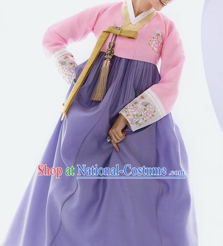 Traditional Korean Costumes Bride Wedding Pink Blouse and Purple Silk Dress, Korea Hanbok Princess Court Embroidered Clothing for Women