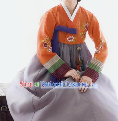 Traditional Korean Costumes Bride Wedding Orange Blouse and Purple Silk Dress, Korea Hanbok Princess Court Embroidered Clothing for Women