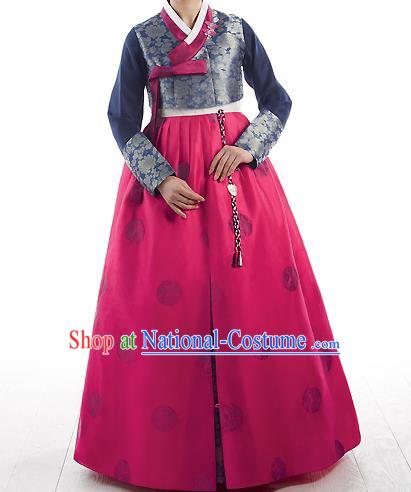 Traditional Korean Costumes Princess Navy Blouse and Pink Dress, Korea Hanbok Court Embroidered Clothing for Women