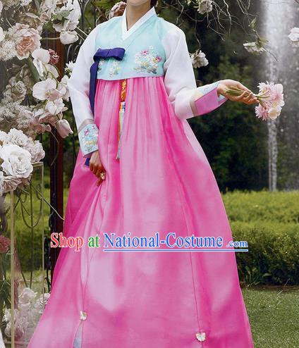 Traditional Korean Costumes Princess Green Blouse and Pink Dress, Asian Korea Hanbok Court Embroidered Clothing for Women