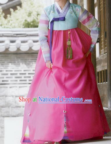 Traditional Korean Costumes Imperial Consort Wedding Blue Blouse and Pink Dress, Asian Korea Hanbok Court Bride Embroidered Clothing for Women