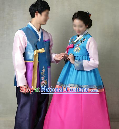 Traditional Korean Costumes Bridegroom and Bride Formal Attire Ceremonial Clothes, Korea Court Embroidered Wedding Clothing for Men for Women