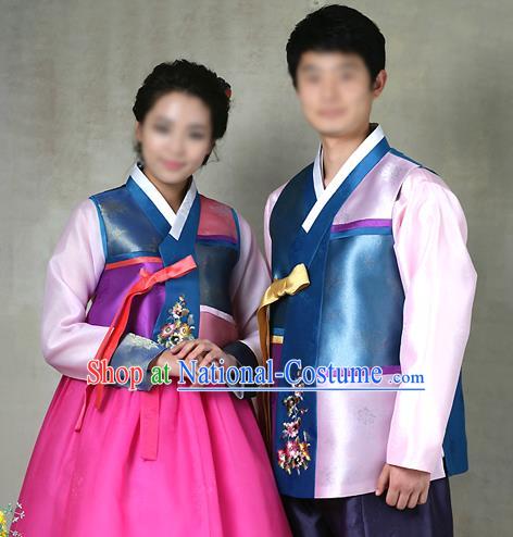 Traditional Korean Costumes Bridegroom and Bride Formal Attire Ceremonial Clothes, Korea Court Embroidered Wedding Clothing for Men for Women