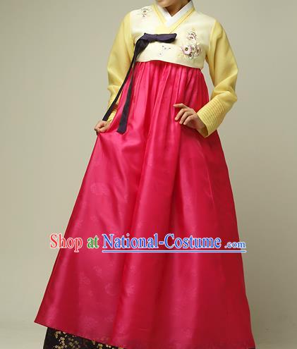 Traditional Korean Costumes Imperial Palace Lady Wedding Yellow Blouse and Red Dress, Asian Korea Hanbok Court Bride Embroidered Clothing for Women