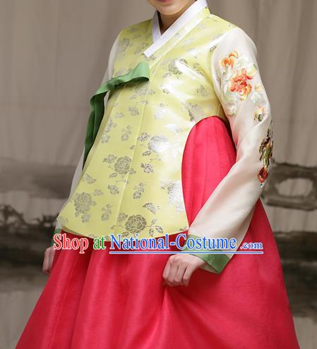 Traditional Korean Costumes Imperial Palace Lady Wedding Golden Blouse and Red Dress, Asian Korea Hanbok Court Bride Embroidered Clothing for Women